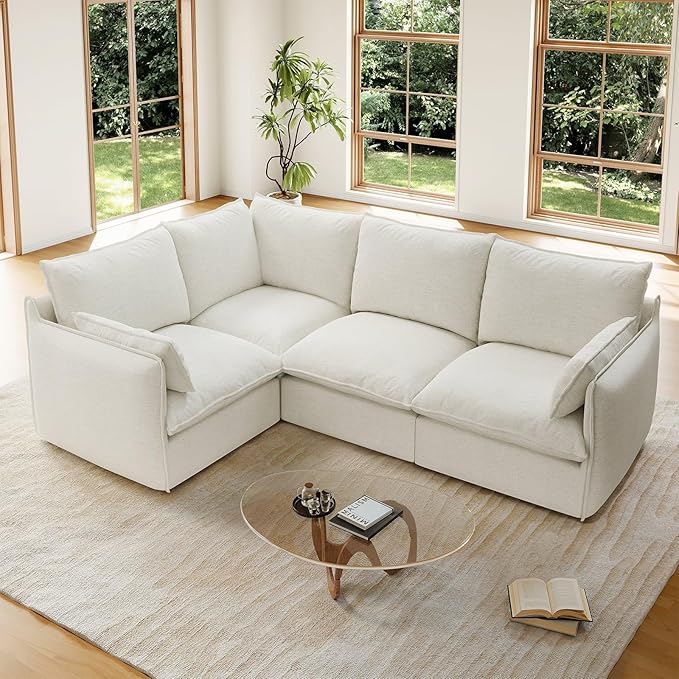 Forest aesthetics Cloud Modular Sectional,Waterproof High Backrest 4 Seater Sectional Couches,Down Filled Modular Couch with Removable Washable Cover for Living Room,Cream White
