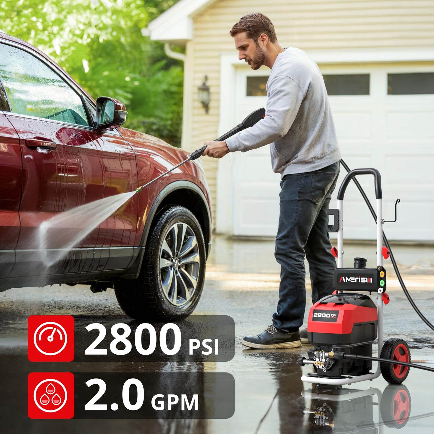 Pressure Washer, 2800PSI 2.0 GPM Max Electric Power Washer with Foam Cannon and 5 Nozzle Set, Portable Pressure Washer with 8" Wheels for Cars, Fences, Patios, Decks, Patios and Driveway Powerwasher