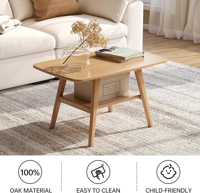 Wayshome 100% Solid Oak Wood Coffee Table for Living Room, Small Table with Shelf Storage, Mid Century Modern Coffee Tables with Rounded Corners for Home (Natural, 31.49" x 19.68" x 17.32")