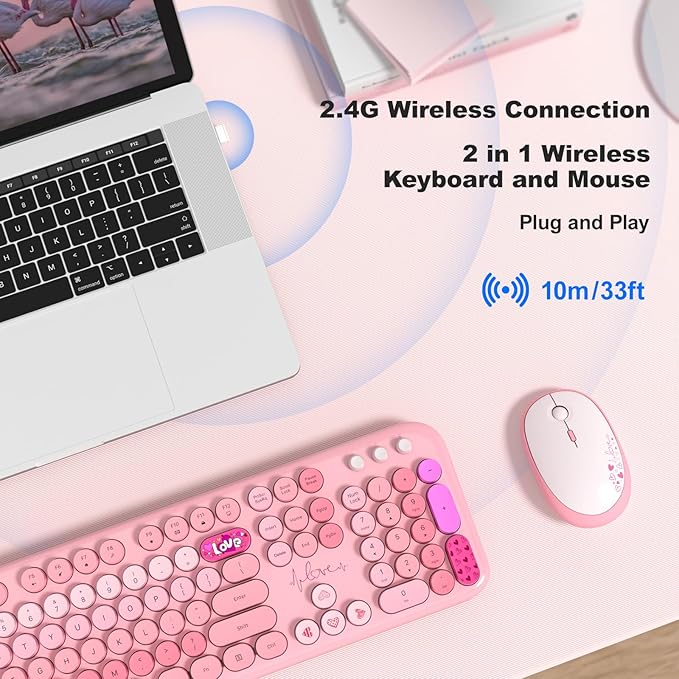 Wireless Keyboard and Mouse Combo, MOWUX Full Size Typewriter Retro Round Computer Keyboard, Cute Optical Mouse Wireless, Plug and Play, for Laptop, PC, Computer- Pink Heart