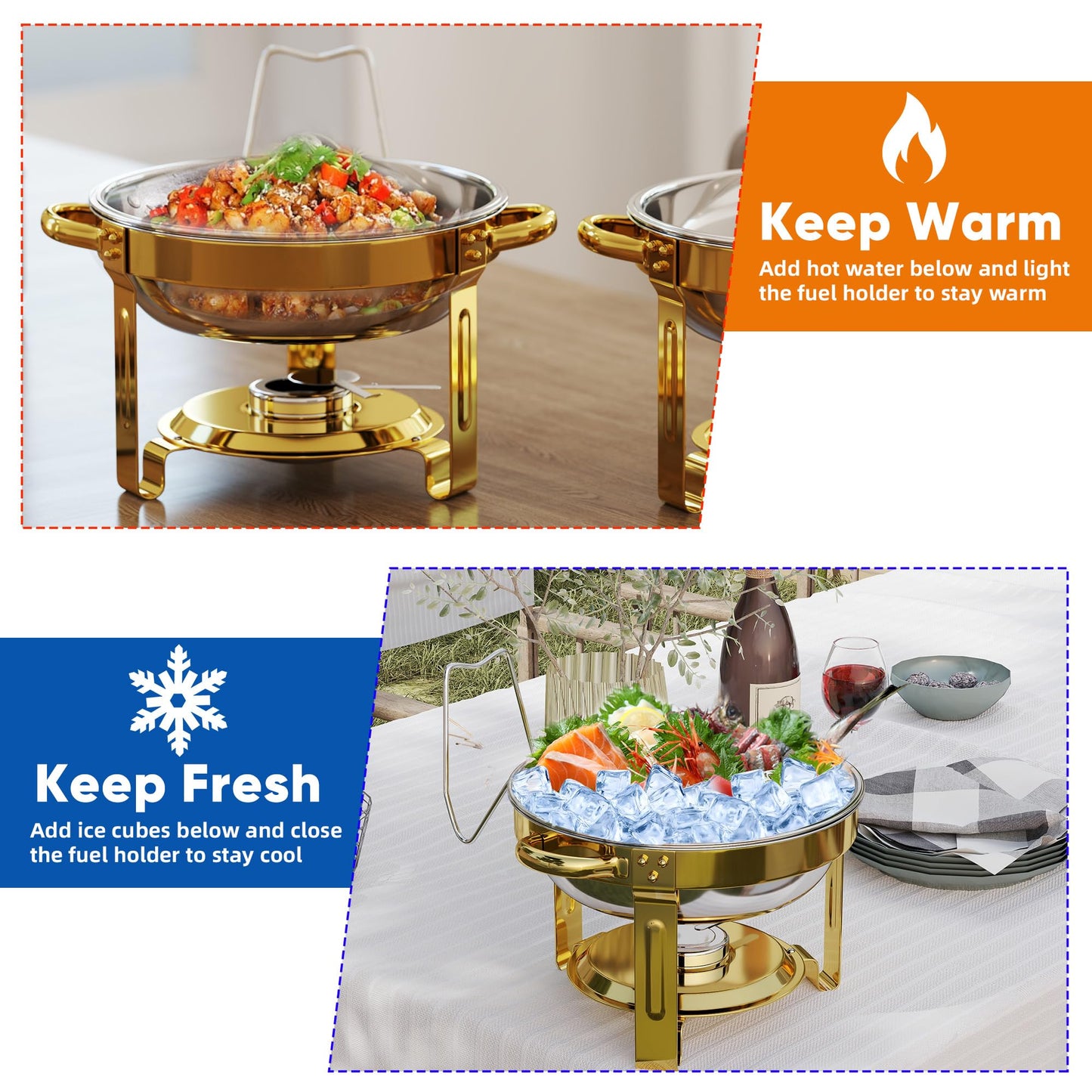 4 Pack Gold Round Chafing Dishes for Buffet, 5 QT Food Warmers and Cold Food Server for Parties, Events Hosting, Family Gatherings, Full Set Catering Supplies with Serving Utensils Accessories