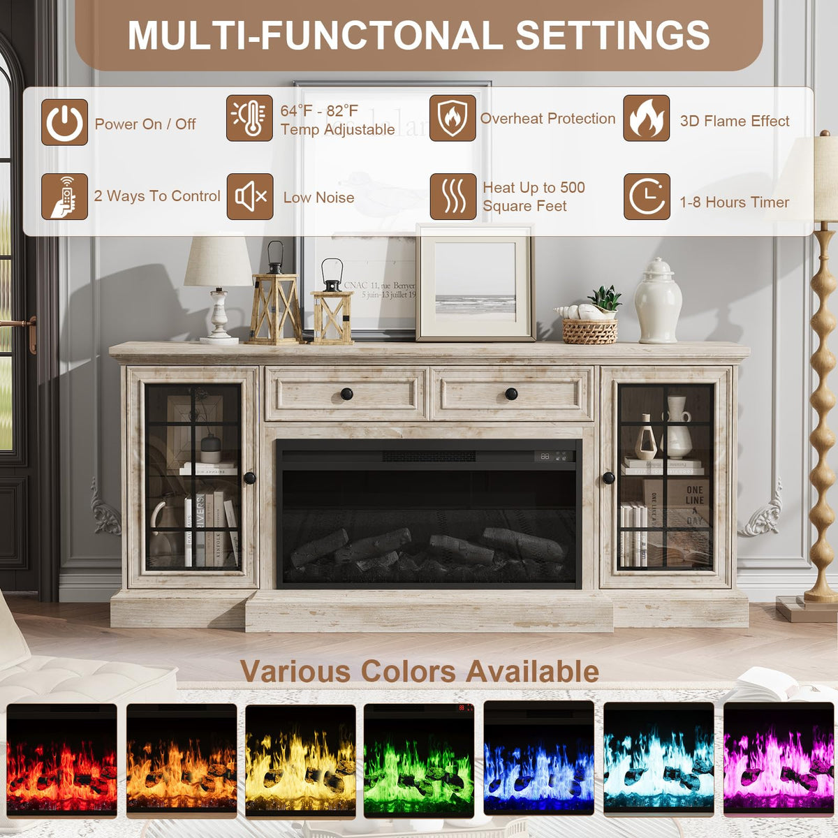 Fireplace TV Stand Up to 80" TVs, 70'' Modern Entertainment Center with 36" Electric Fireplace & LED Lights, Farmhouse Media Console with Storage Cabinet & Drawer for Living Room, Antique Brush Grey