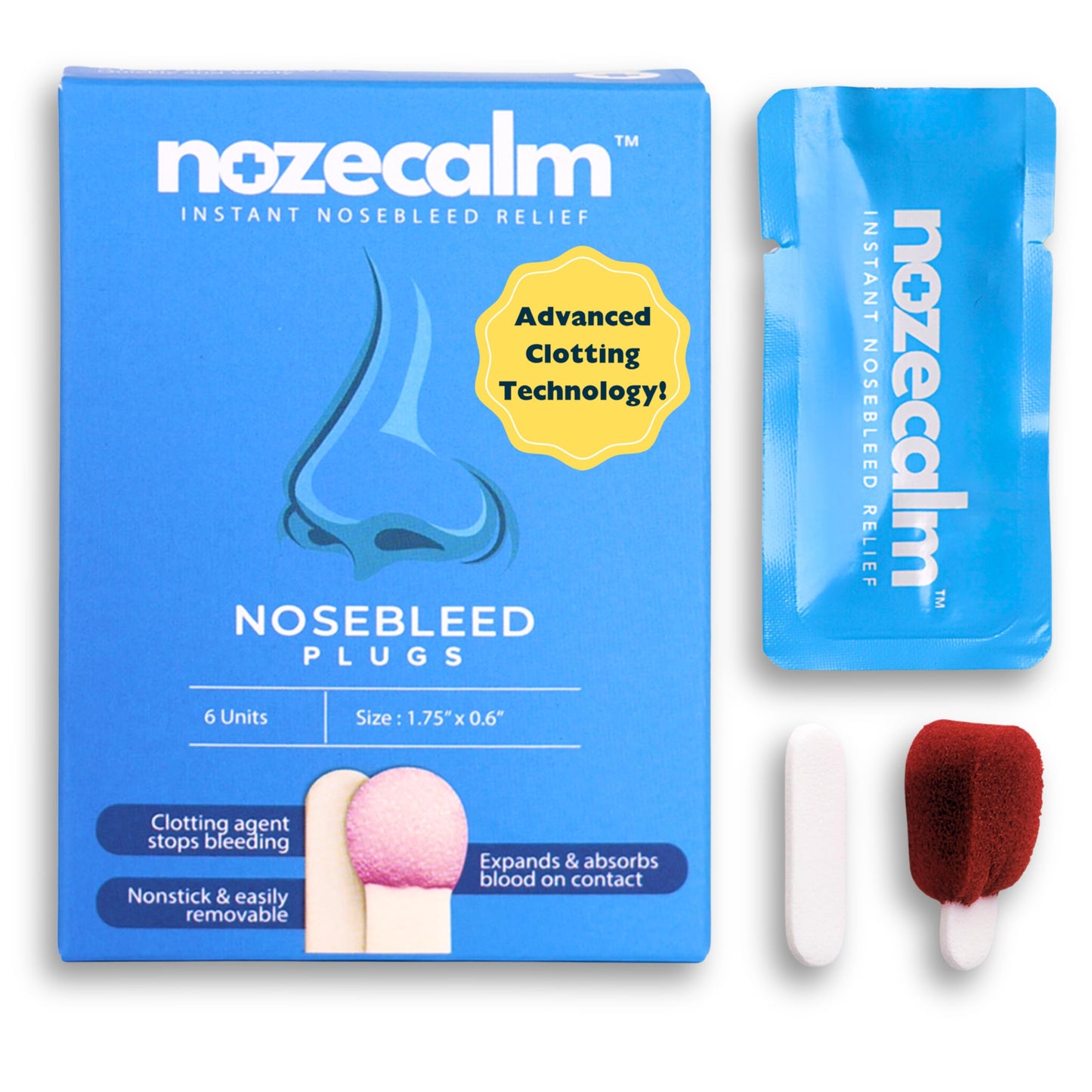 NozeCalm - Nose Bleed Stopper - Swift-Acting Nosebleed Plugs for Kids & All Ages - Bloody Nose Stoppers with Clotting Agent - Hypoallergenic, Non-Stick, Sterile, Easy Removal & Travel Ready (6-Count)