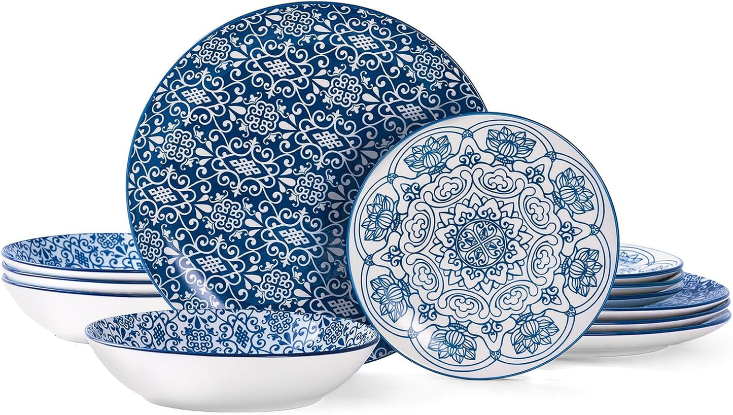 Bestone Porcelain Dinnerware Sets Service for 4, 12 pcs Hand drawn Plates and Bowls Sets, Handmade Ceramic Dish Set, Chip Resistant Modern Plate Set, Dishwasher/Microwave Safe，Vintage Blue