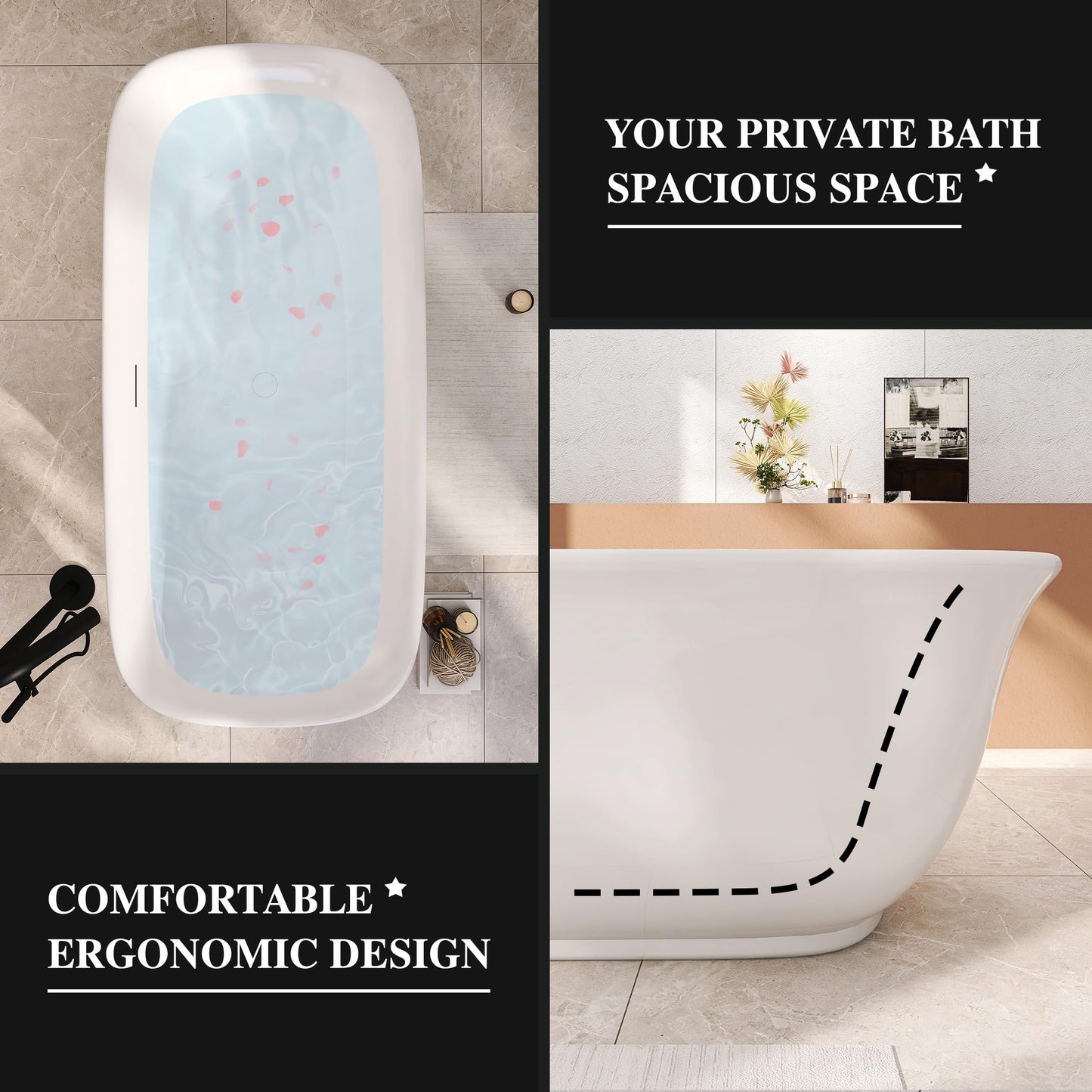 Adecab 67" Acrylic Freestanding Bathtub, Soaking Tub for Bathroom, Stand Alone Tub, cUPC Certified, Integrated Overflow and Drain, Gloss White