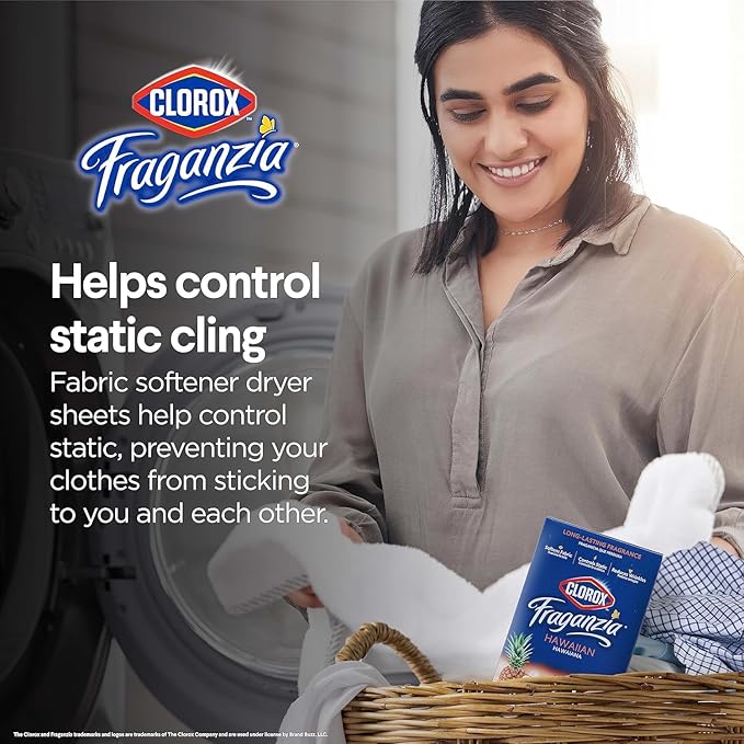 Clorox Fraganzia Fabric Softener Dryer Sheets, Hawaiian Scent - Wrinkle Reducing Scented Softening Laundry Dryer Sheets for Great Smelling Clothes, 80 Count - 6 Pack