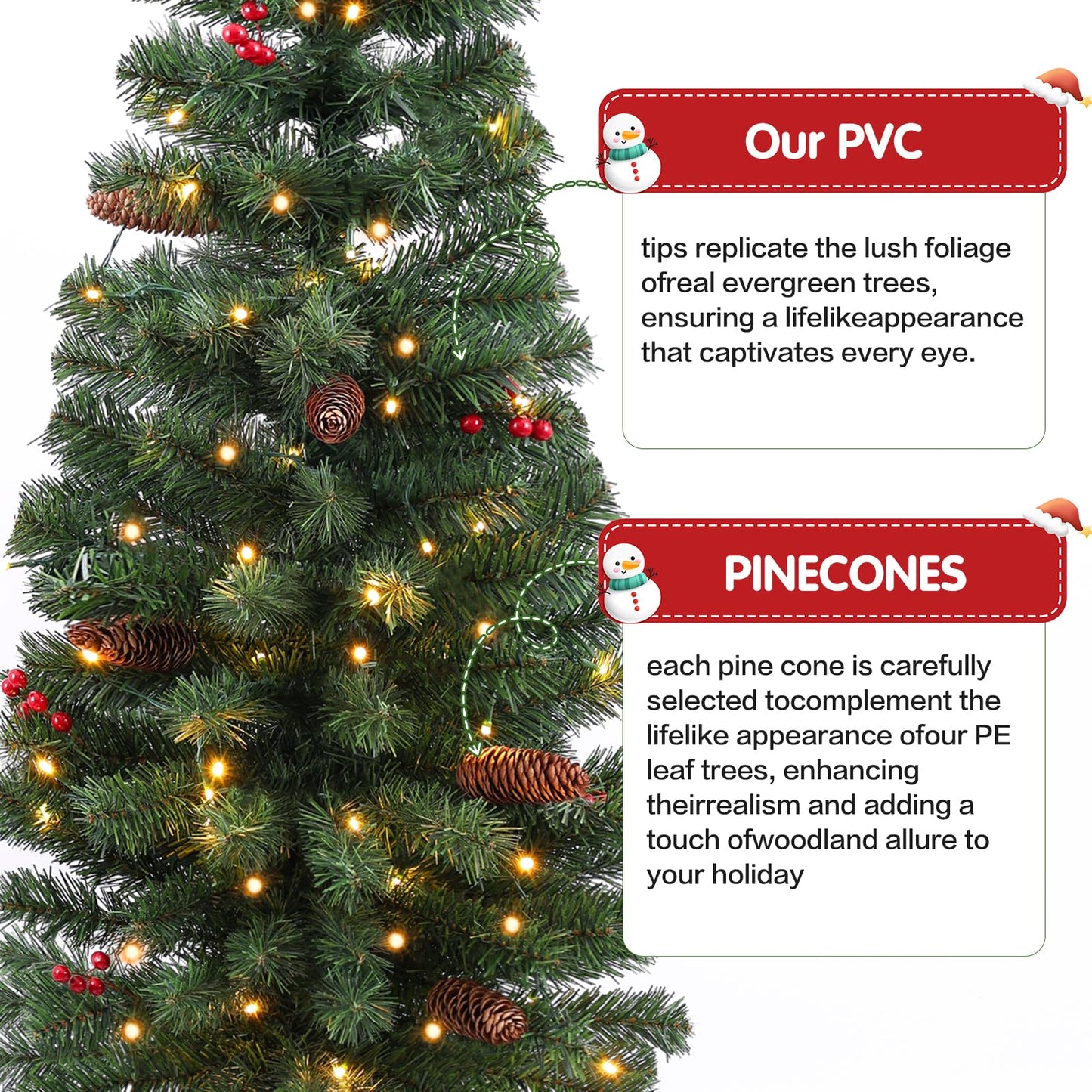 Santanelo 4FT Pre-lit Artificial Potted Christmas Tree with 50 LED Lights，Small Fake Spruce Tree,Xma Pine Cones Tree Decorated with 140 Branch Tips, Pine Cones&Red Berries, Plug in