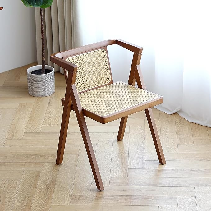Furlide Rattan Dining Chair, Mid-Century Accent Armchair, Wicker Chair, Outdoor Bamboo Chair for Dining Room, Living Room, Bedroom, Kitchen, Walnut