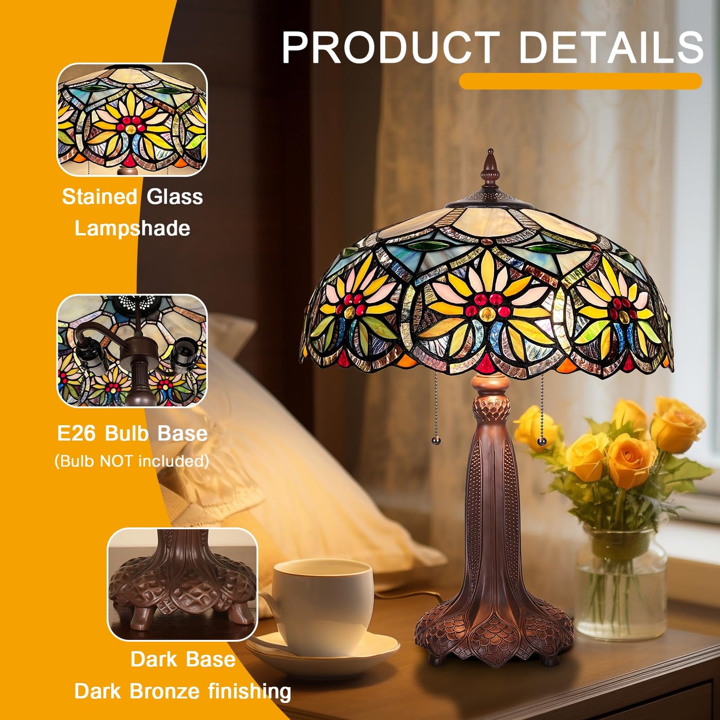 Capulina Large Tiffany Table Lamp Bedside Reading Lamp 2-Light 16X16X24 Inches Sunflower Style Stained Glass Desk Lamp for Bedrooms Living Room Study Home Office