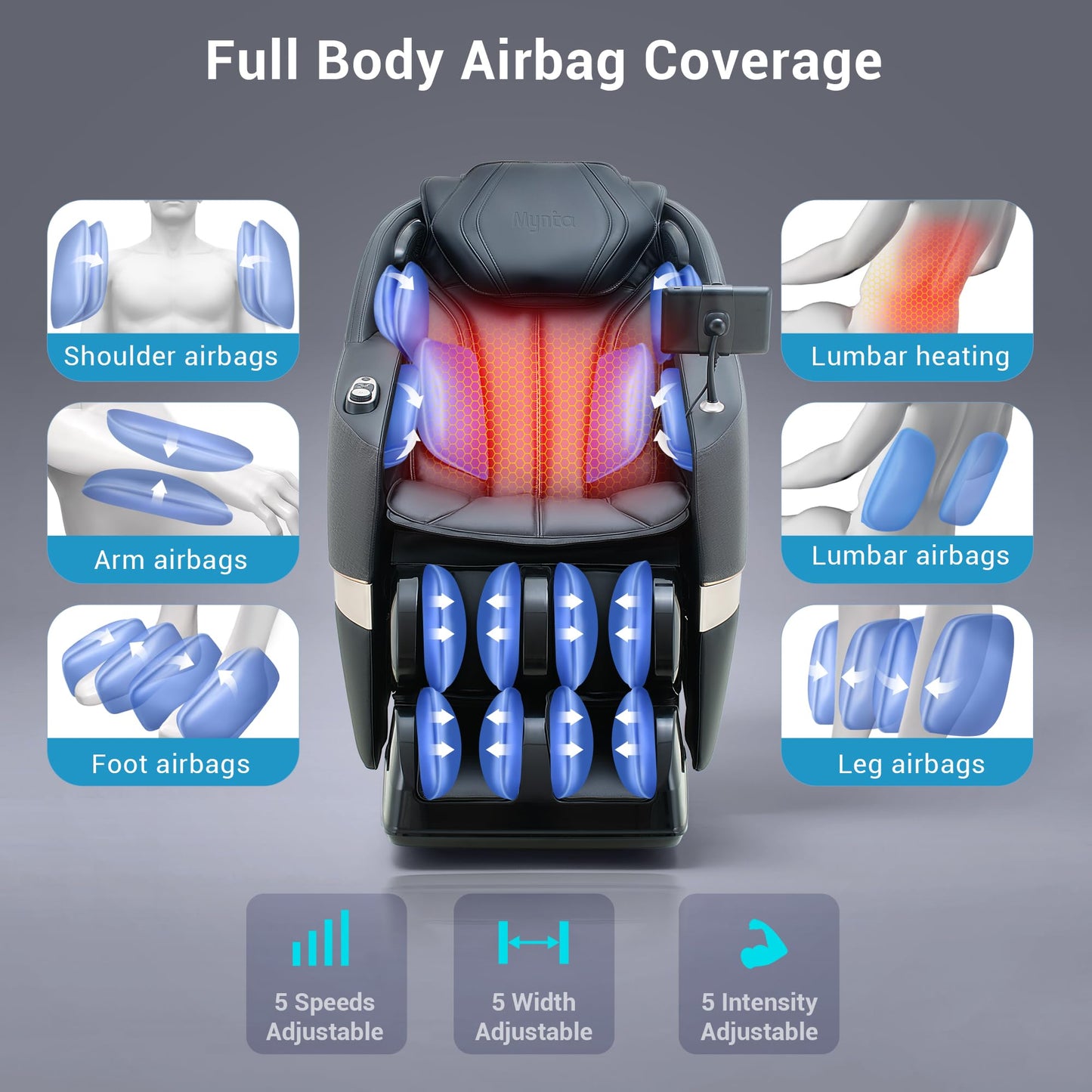MYNTA 2025 Massage Chair 3D Shaitsu Massage Chair Full Body with 170° Flexible Track, Zero Gravity, Bluetooth Speaker, Airbags & Heating, MC1650(Black)