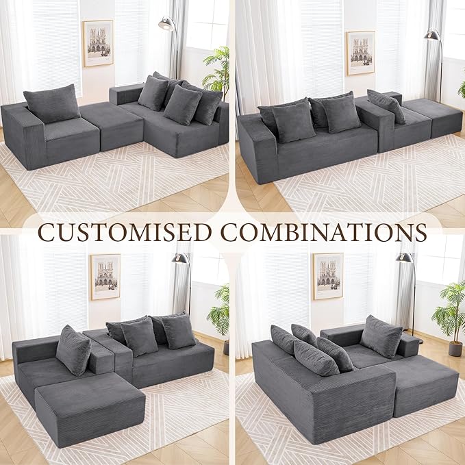 INGEROOM 108" Modular Cloud Sectional Couch with Deep Seat, Boneless Sofa with Movable Ottoman, Plush Corduroy Memory Foam Couch for Living Room, No Assembly, Dark Gray