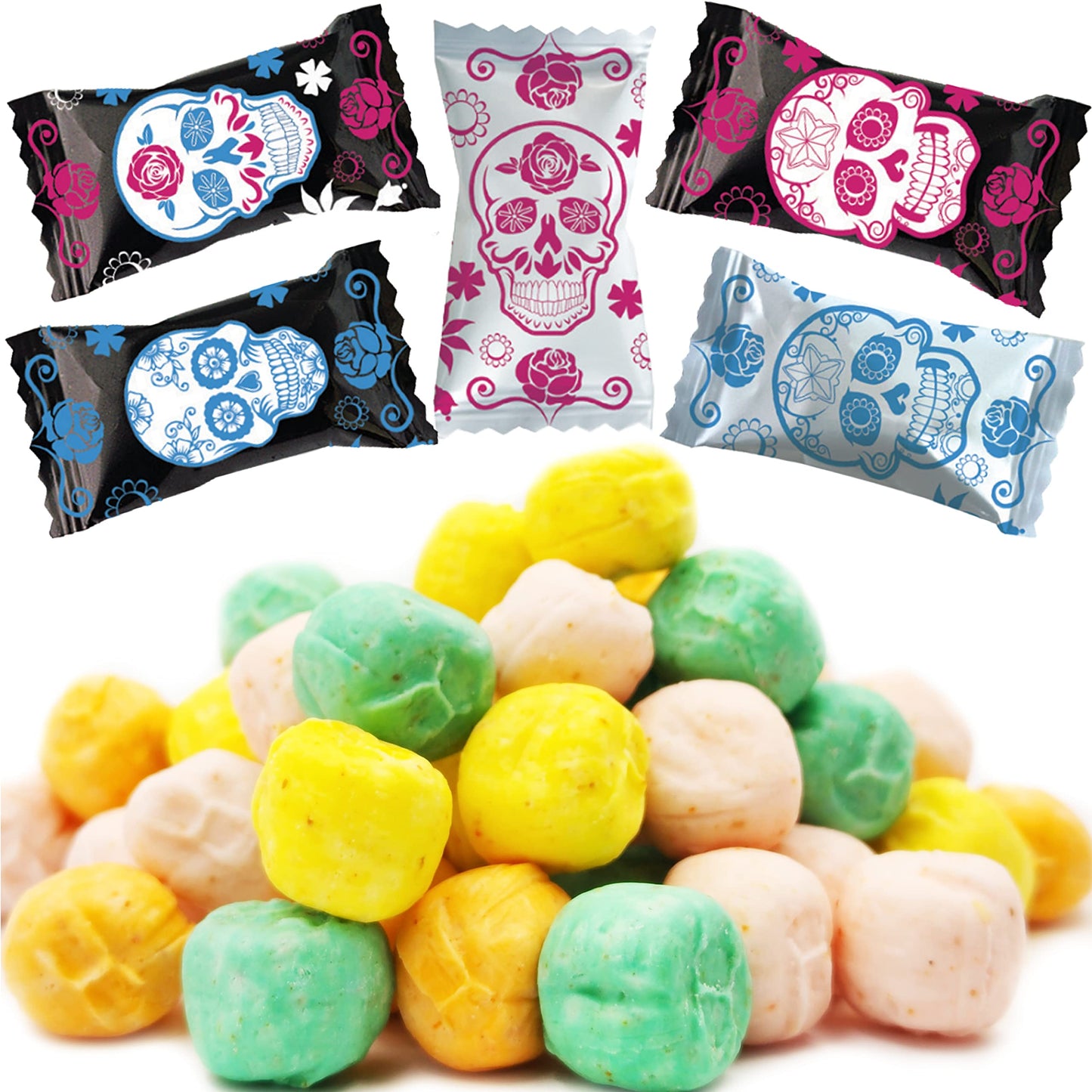 Fruidles Day of the Dead Skull Buttermints, Multicolor Sweet Heat Candies, Soft Candy With Heat and A Touch Of Sour, Fat-Free, Individually Wrapped (110 Pieces)