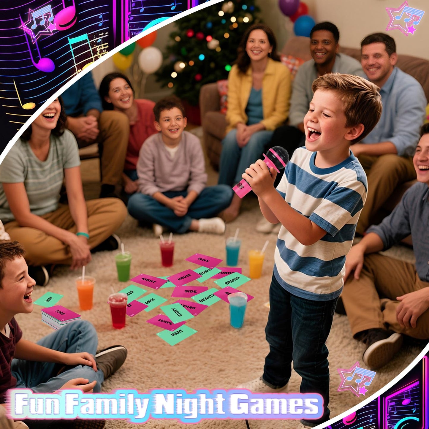 Music Board Games for Family Night, Family Karaoke Game, 8+ Year Olds, 2-10 Players - with 250 Lyrics (125 Cards) for Hilarious Game Nights & Birthday Party, Kids Gift