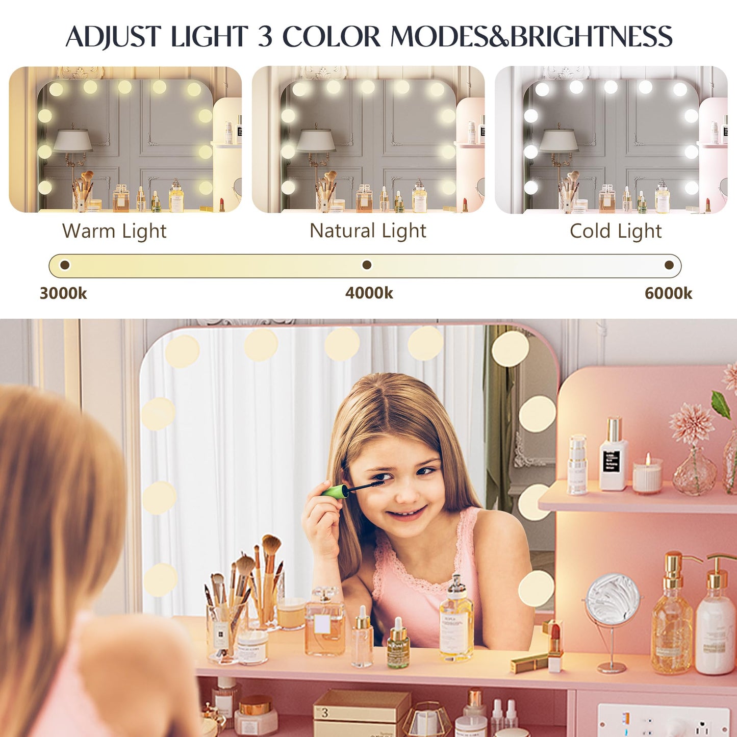 Lareth Makeup Vanity Desk with Lighted Mirror, 39.4 inch Vanity Table with Power Outlet, Bedroom Dressing Table, Adjustable Lights & 1 Cabinet 2 Drawers, Gifts for Teen Girls Women, Light Pink