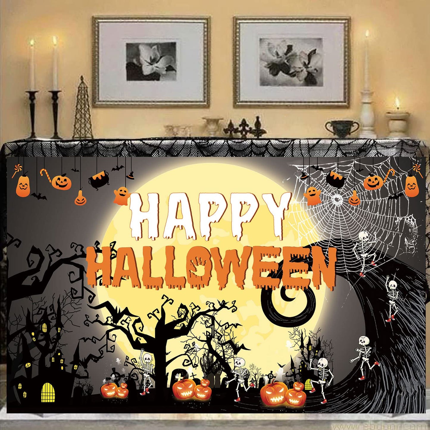 Famoby Happy Halloween Theme Fabric Sign Poster Banner Backdrop with Pumpkin,Ghouls, bat,spide,Moon for Halloween Photo Booth Background Party Decoration