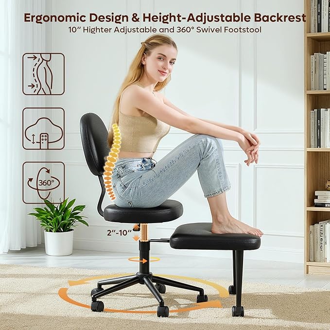 Cross Legged Office Chair with Wheels for ADHD, Ergonomic 360° Swivel Height-Adjustable Meditation Chair for Yoga, Kneeling Chair with 4 inch seat Cushion and Lumbar Support, PU Leather, Black