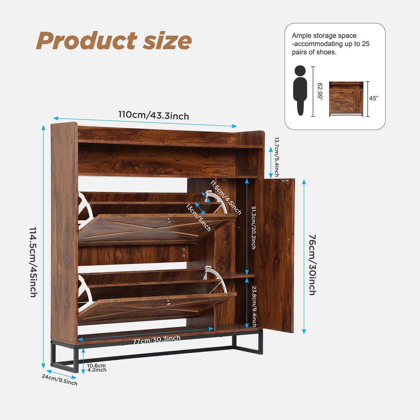 SunSettler Shoe Storage Cabinet with 2 Flip Drawers & Side Cabinet, Freestanding Shoe Organizer with Metal Legs for Entryway, Narrow Shoe Rack Cabinet, Rustic Brown