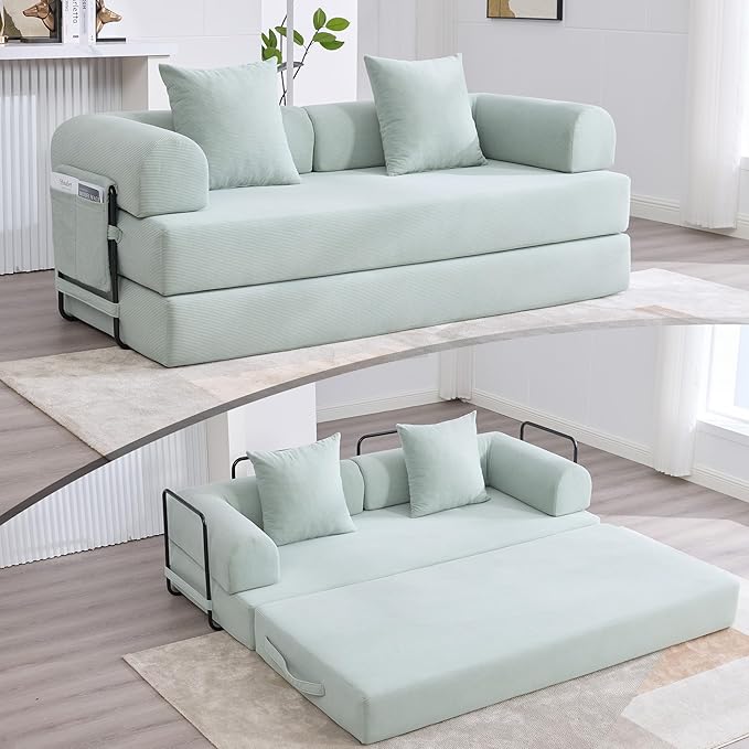ZEIINPA Convertible Sleeper Sofa Bed, Folding Floor Sofa Bed with Fixed-Shape Frame, Corduroy Floor Sleeper Sofa with Storage Pocket, Futon Boneless Sofa Couch for Living Room, Mint Blue