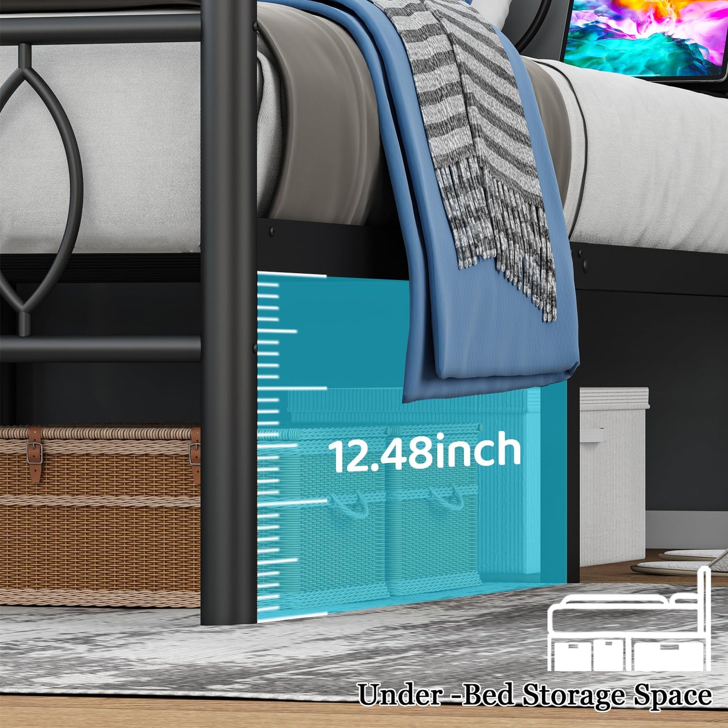 Samurbex Twin Size Bed Frame with Headboard,Black Metal Platform Bed Frame Twin Size with Charging Station & LED Lights,12-Inch Under Bed Storage,No Box Spring Needed,Noise Free,Easy to Assemble