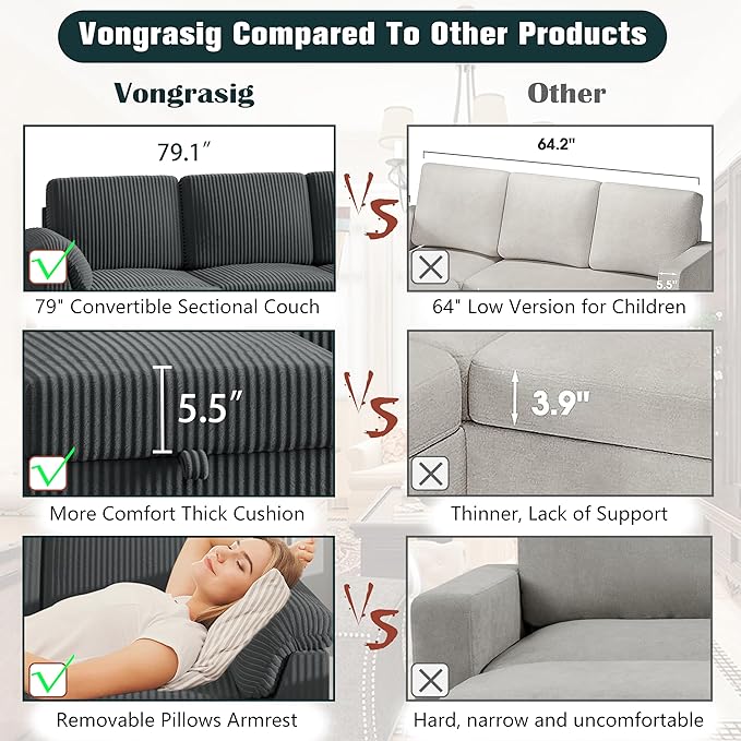 Vongrasig 79" Convertible Sectional Couches Sofa with Storage Ottoman, 3 Seat L Shaped Couch with Side Storage Pockage, Small Couches for Living Room, Apartment and Small Space, Grey