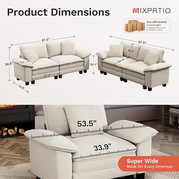 MIXPATIO L-Shaped Cloud Modular Sofa Set, 4-Piece Double Loveseat Sectional w/Deep Seat & Removable Arms, Plush Chenille for Living Room - Beige