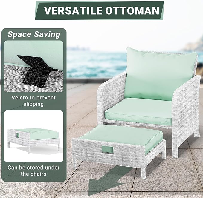 LEVELEVE Balcony Furniture 5 Piece Patio Conversation Set, PE Wicker Rattan Outdoor Lounge Chairs with Soft Cushions 2 Ottoman&Glass Table for Porch, Lawn-Grey Wicker