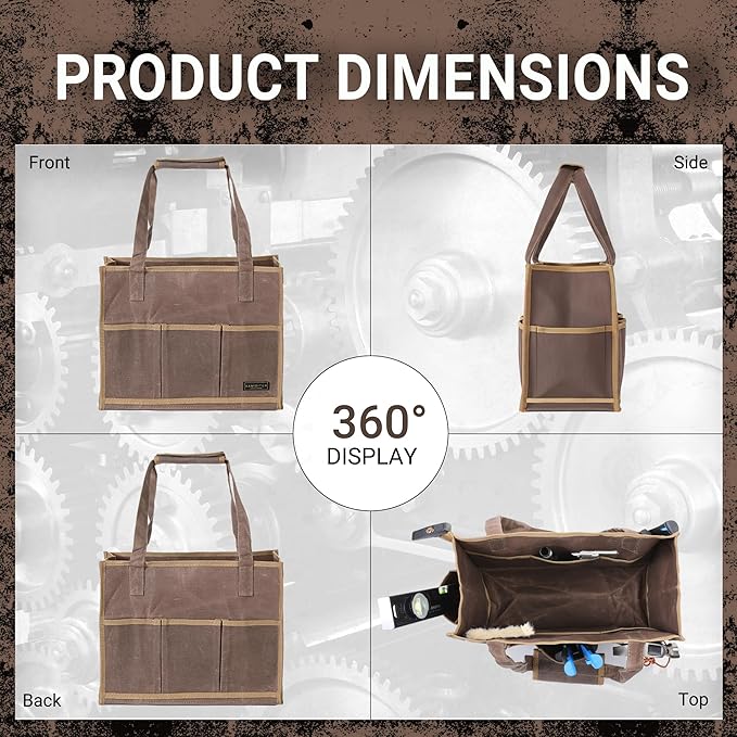 Heavy-Duty Waxed Canvas Tool Pouch - 14-Pocket Garden Tool Organizer with Removable Handle | Multi-Compartment Storage Bag for Tools (14.5" x 11" x 6.5", Grey)