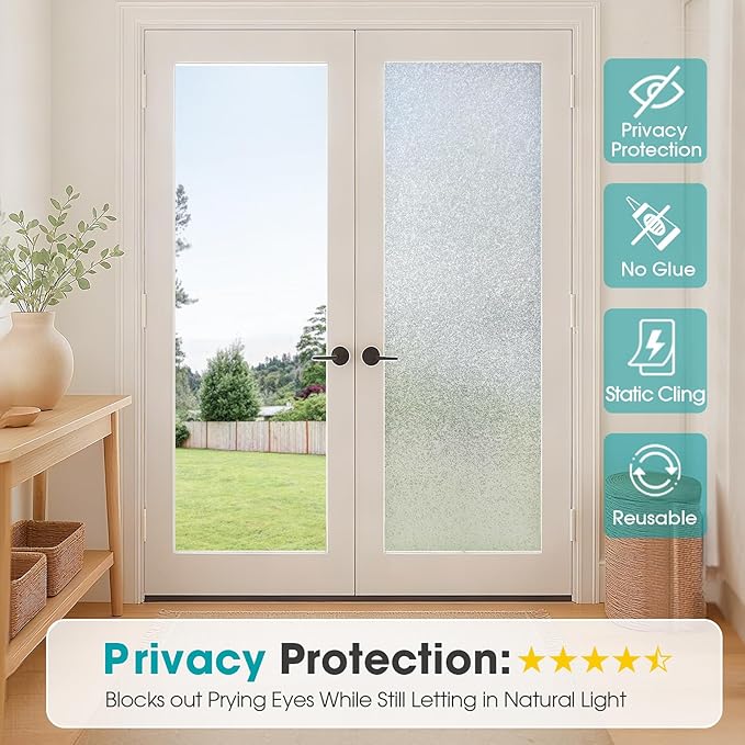 Coavas Window Privacy Film Frosted Glass Static Clings, Decorative Bathroom Door Privacy Film Day and Night, Heat UV Blocking Anti-Glare Frosting Stickers Renter Non-Adhesive, 23.6 x157.5 Inch, Silver