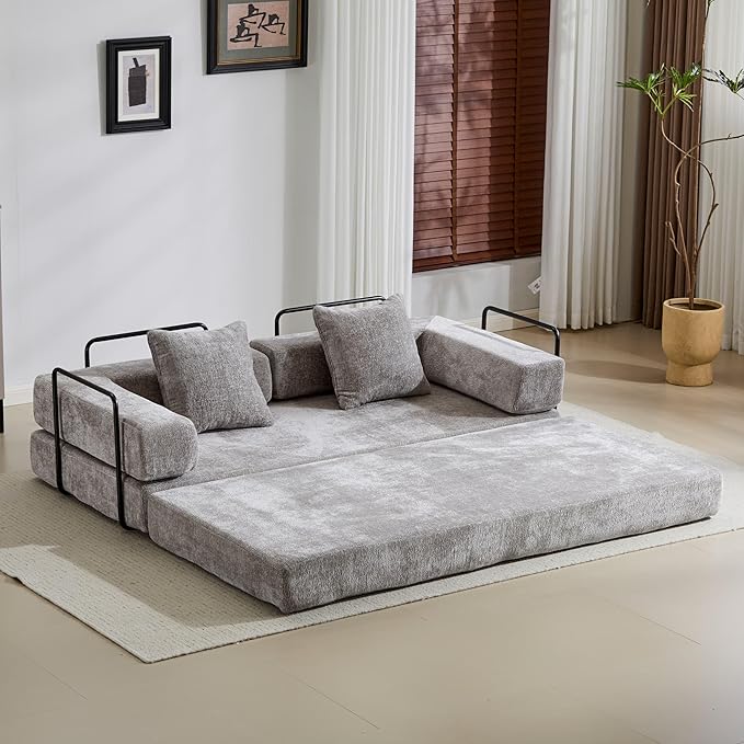 Convertible Couch Sofa Bed Foldable Floor Sleeper | Modern Fold Out Couch | Removable Backrest & Armrests | No Assembly Compression Sofa Sleeper for Living Room, Bedroom | Light Gray Chenille