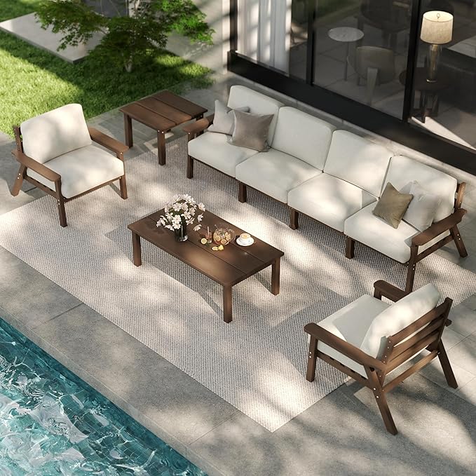 Patio Kingdom 7 Piece Patio Furniture Set, HDPE Outdoor Sectional with Beige Washable Thick Cushions, Coffee Table & Side Table, Patio Conversation Sets for Lawn, Garden, Porch, Balcony (Brown Frame)