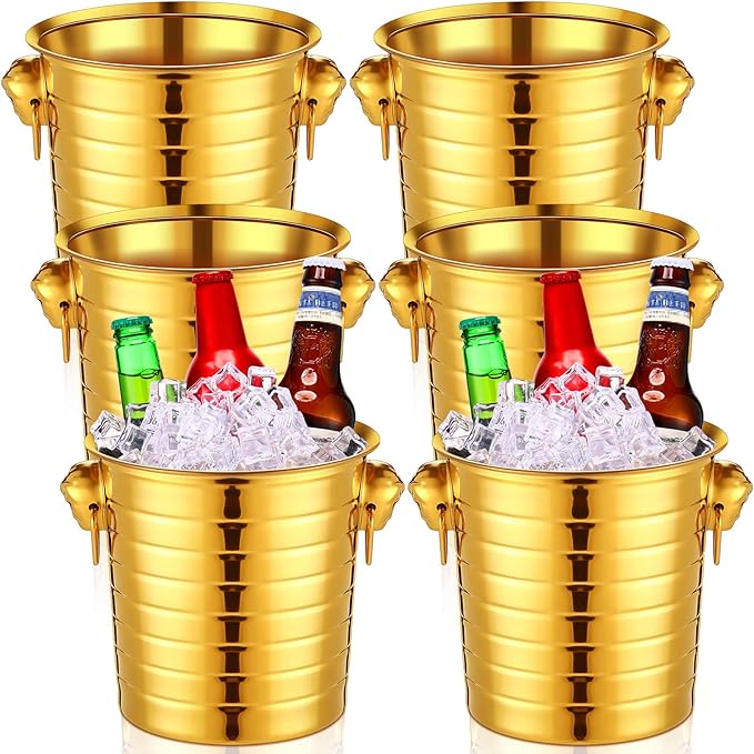 Pinkunn 6 Pack Stainless Steel Champagne Bucket 3 Qt Metal Ice Bucket Double Wall Wine Buckets with Handles Party Beverage...