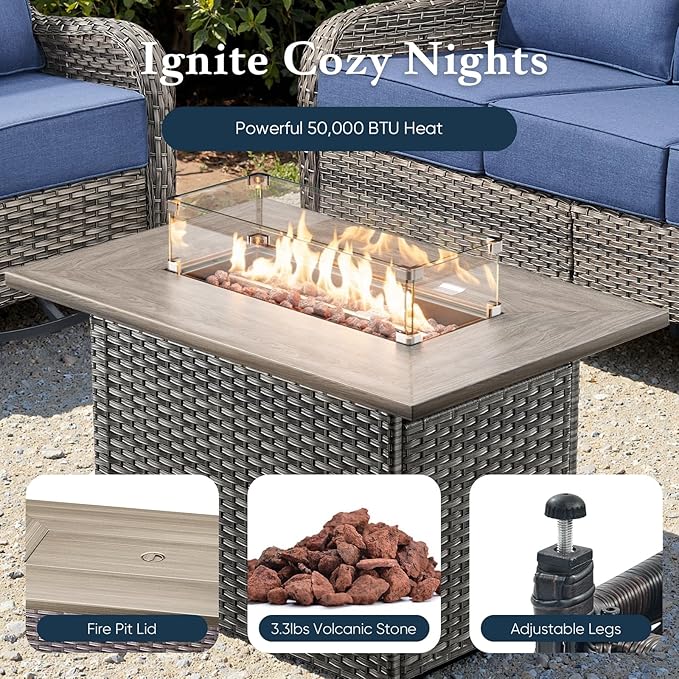 Belord Luxury 6" Thick Cushioned 10 Pieces Patio Furniture Set with Fire Pit Table, Wicker Outdoor Conversation Set with High Back Swivel Rocker Chairs for Deck Porch Yard and Poolside - Grey+Grey
