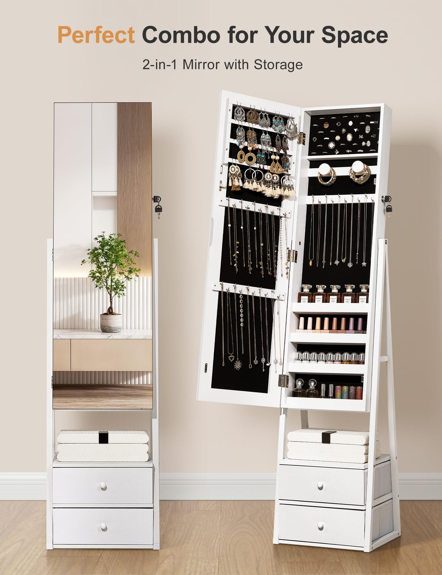 Nicetree Jewelry Cabinet Armoire with 2 Drawers, Lockable Standing Mirror Jewelry Cabinet, Full Length Mirror with Jewelry Storage, Gift Idea, Pure White