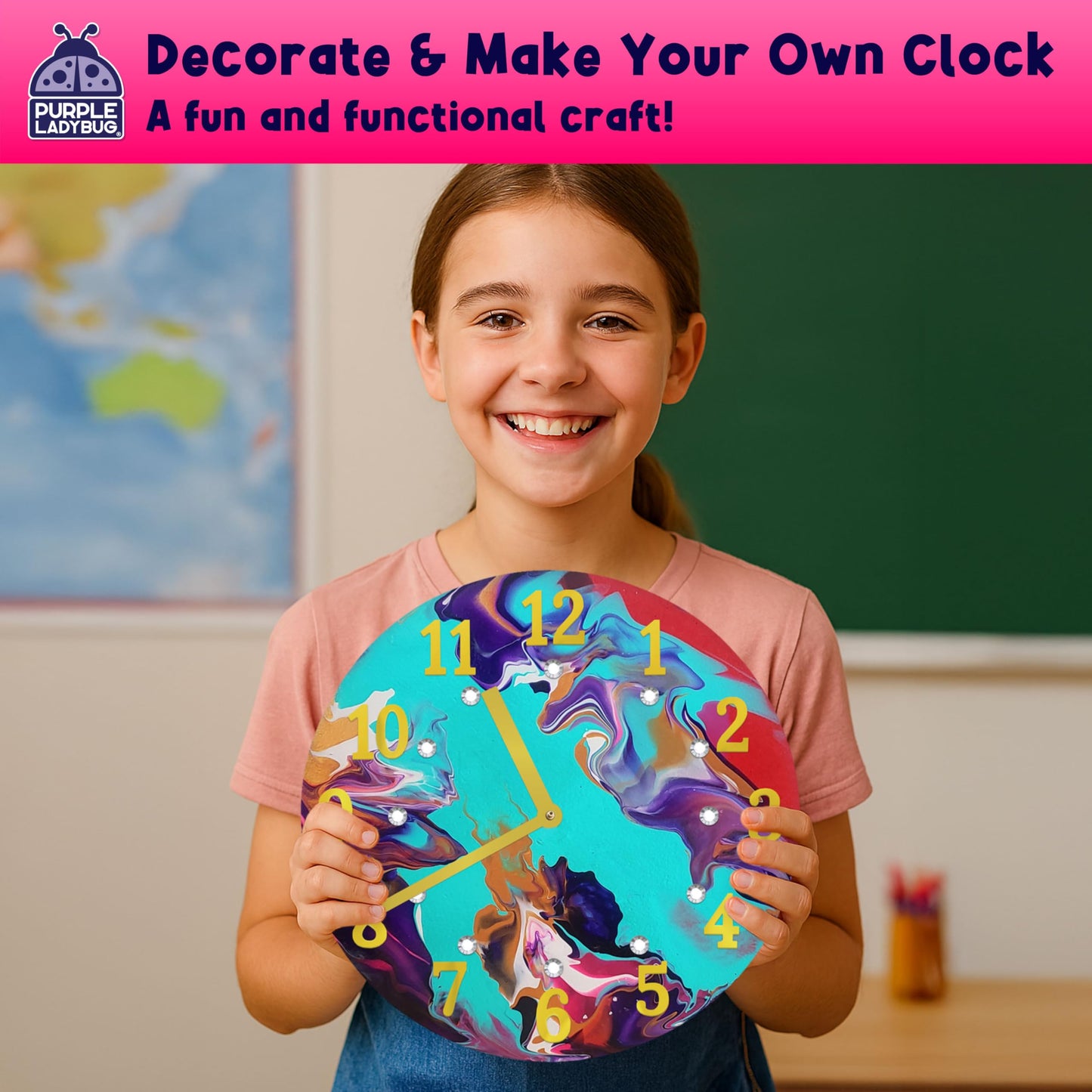 PURPLE LADYBUG Paint Pouring DIY Clock Kit - Creative Kids Painting Kit - 6 7 8 9 10 11 12 Year Old Girl Gift Ideas, Birthday Gifts for 8 Year Old Boys & Gifts for Teen Girls - Fun Crafts for Kids 6-8