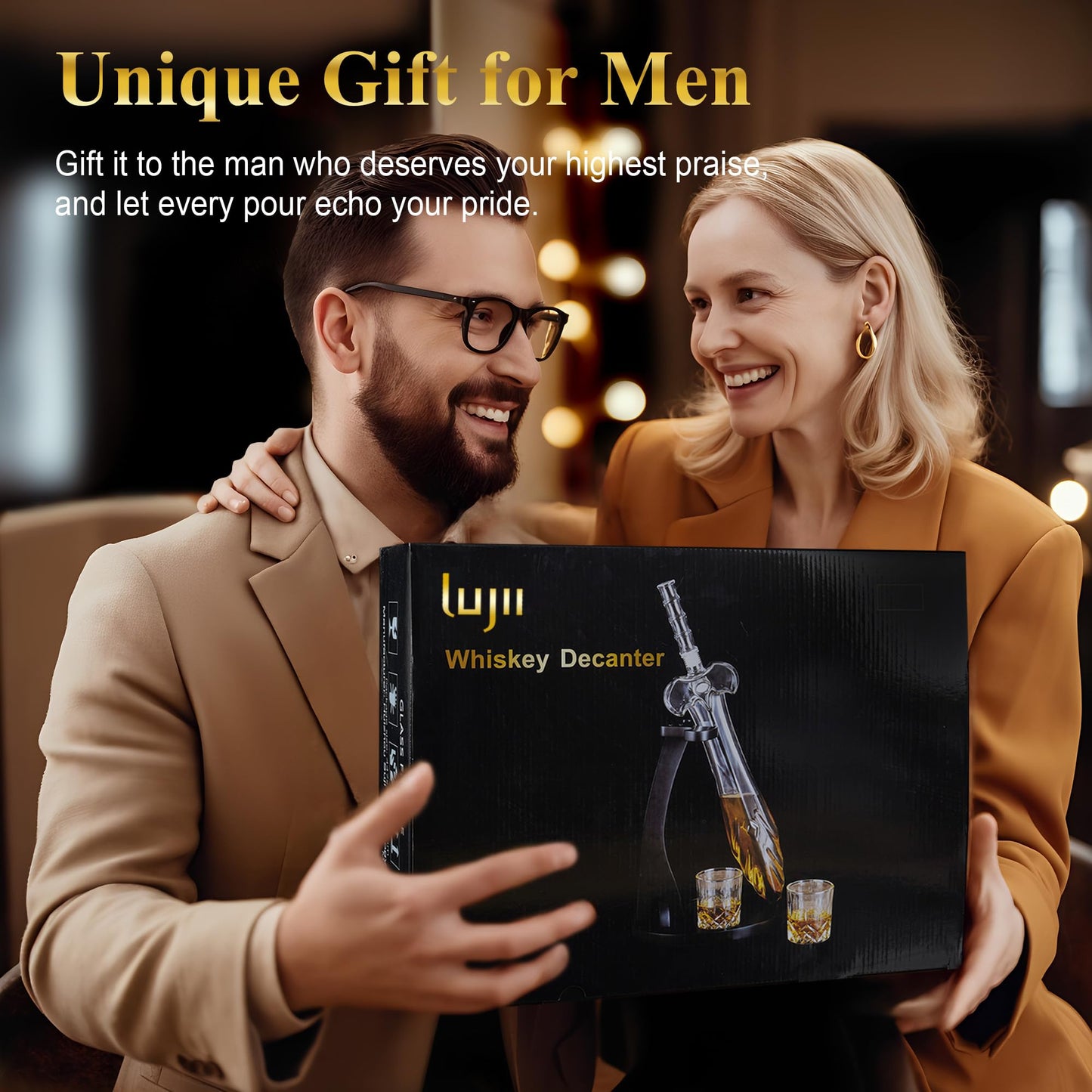 LUJII Heroic Sword Whiskey Decanter Set for Brave Hero, Liquor Dispenser with 2 Glasses & Wooden Tray, Alcohol Holder for Bourbon or Scotch, Gift for Men Husband Dad Boyfriend or Son, 850 ml