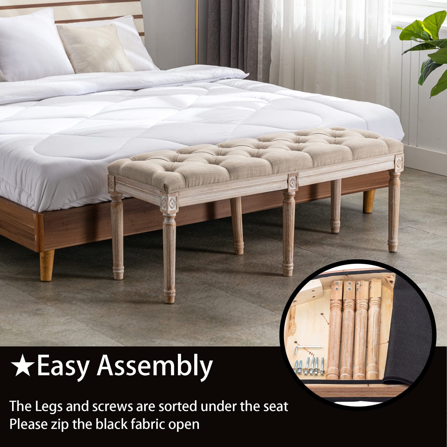 DM Furniture Tufted Dining Bench French Vintage Fabric Upholstered Wood Dining Room Bench Rustic Entryway Bench Bedroom End Bed Bench, Beige 48" Long