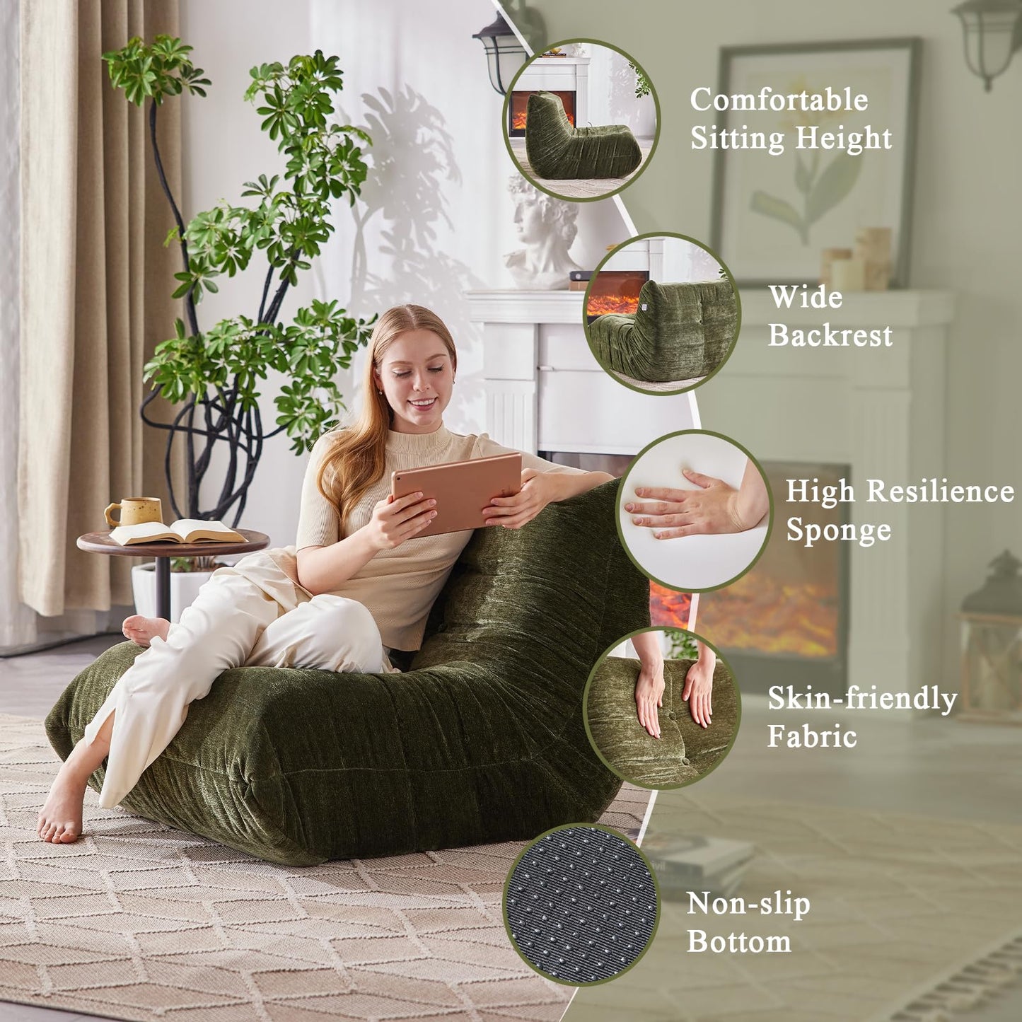 SUYOLS Bean Bag Chair, Fireside Chair Big Bean Bag Sofa for Adults/Teens, Memory Foam Bean Bag Gaming Chairs with Comfy Design & Premium Fabric, Lazy Floor Sofa for Living Room, Bedroom, Olive Green