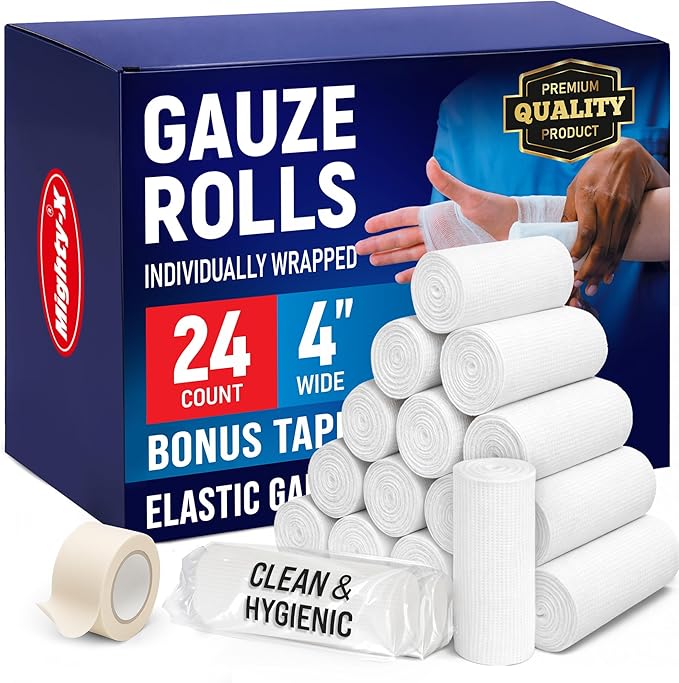 24 Gauze Rolls - 4" x 4.1yd - Soft and Breathable Rolled Gauze - Latex-Free Premium Individually Wrapped Bandages with Bon...