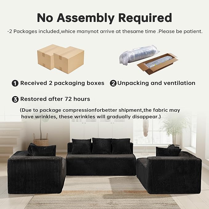 SEENYOO 130" Boneless Couch, Cloud Couch Sectional, Corduroy Sofa for Living Room, U Shaped Modular Sofa with Chaise, No Assembly, 4 Seats Oversized (Black)