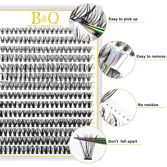 B&Qaugen Lash Clusters 30D 50D-C-9-16MIX Individual 280 Clusters False Eyelash 9-16MIX Lash Clusters Extensions DIY Eyelash Extensions at Home (30D 50DC-9-16MIX)