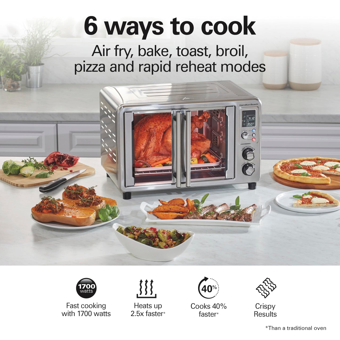 Hamilton Beach Sure Crisp 6-in-1 XL Digital Air Fryer Toaster Oven Combo, With Easy-Access French Doors, Bake, Broil, Toast, Pizza & Reheat Functions, 0.9 cu. ft. Capacity, Stainless Steel (31191)