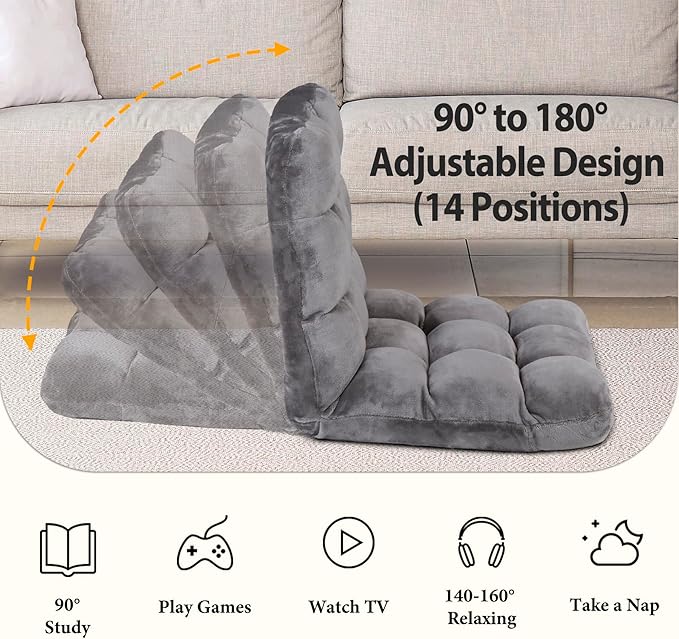 Nouva Adjustable Floor Chair 14-Position Sofa Bed Foldable Cushion Video Gaming Chairs Bean Bag Chair Reading Seating for Adults Kids Teens for Bedroom Living Room Indoor Use,Grey