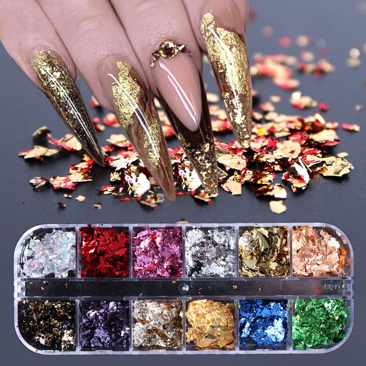 Gold Foil Nail Art Set, Decals Stickers Fragments Charms, DIY Manicure Design Decoration, Gold Silver Leaf Flakes 12 Grids/Set