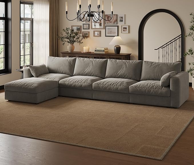 Cloud Modular Sectional Sofa Couch with Storage Ottoman, 128" Oversized Sectional Couches for Living Room, Cloud Modular L-Shaped Sofa with Chaise, 5 Seater, Chenille, Light Gray