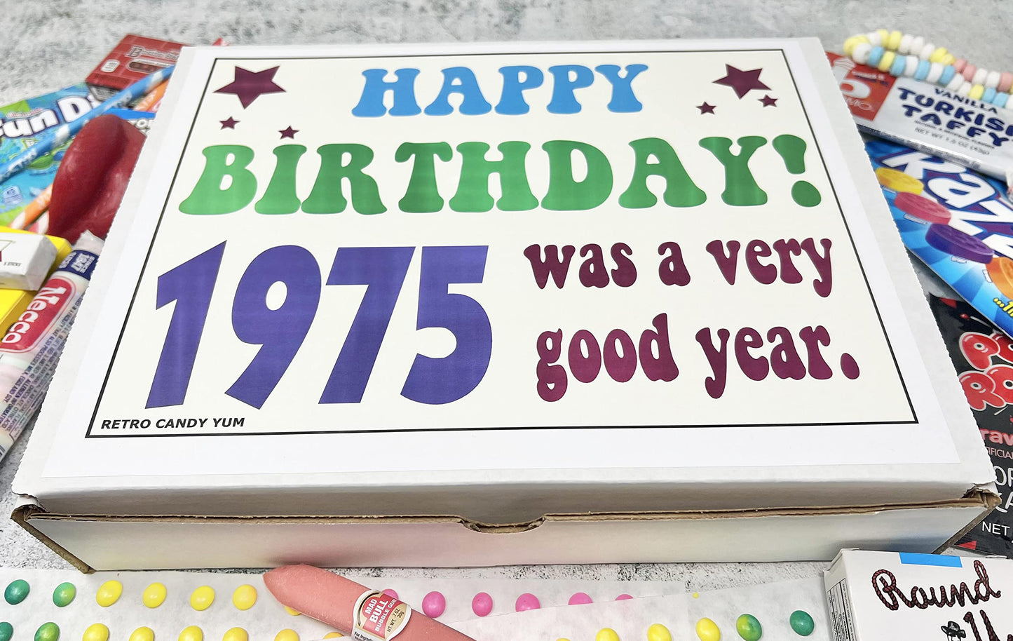 RETRO CANDY YUM ~ 1975 50th Birthday Gift Box Assortment of Nostalgic Candy from Childhood for Man or Woman