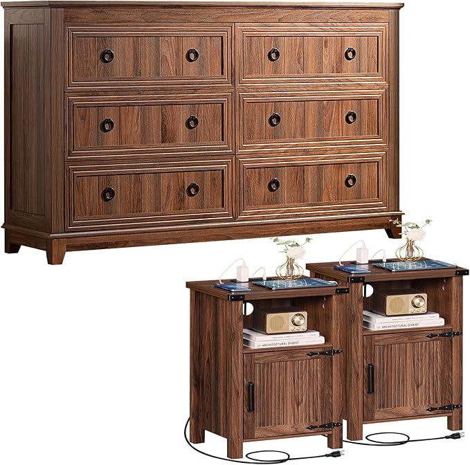 Joaxswe Farmhouse Dresser and Nightstand Sets 3 Piece, Furniture Set 18" Night Stand with Charging Station and 6 Drawers Dressers for Bedroom, 54" Dresser and Nightstand Set for Bedroom, Living Room