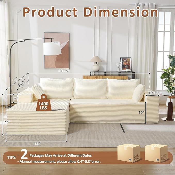 WUTUTUEE 110" Boneless Sectional Couch with Chaise Lounge, Cloud Couch Compressed Sofa L Shape, No Assembly Memory Foam Sofa for Living Room, White Corduroy