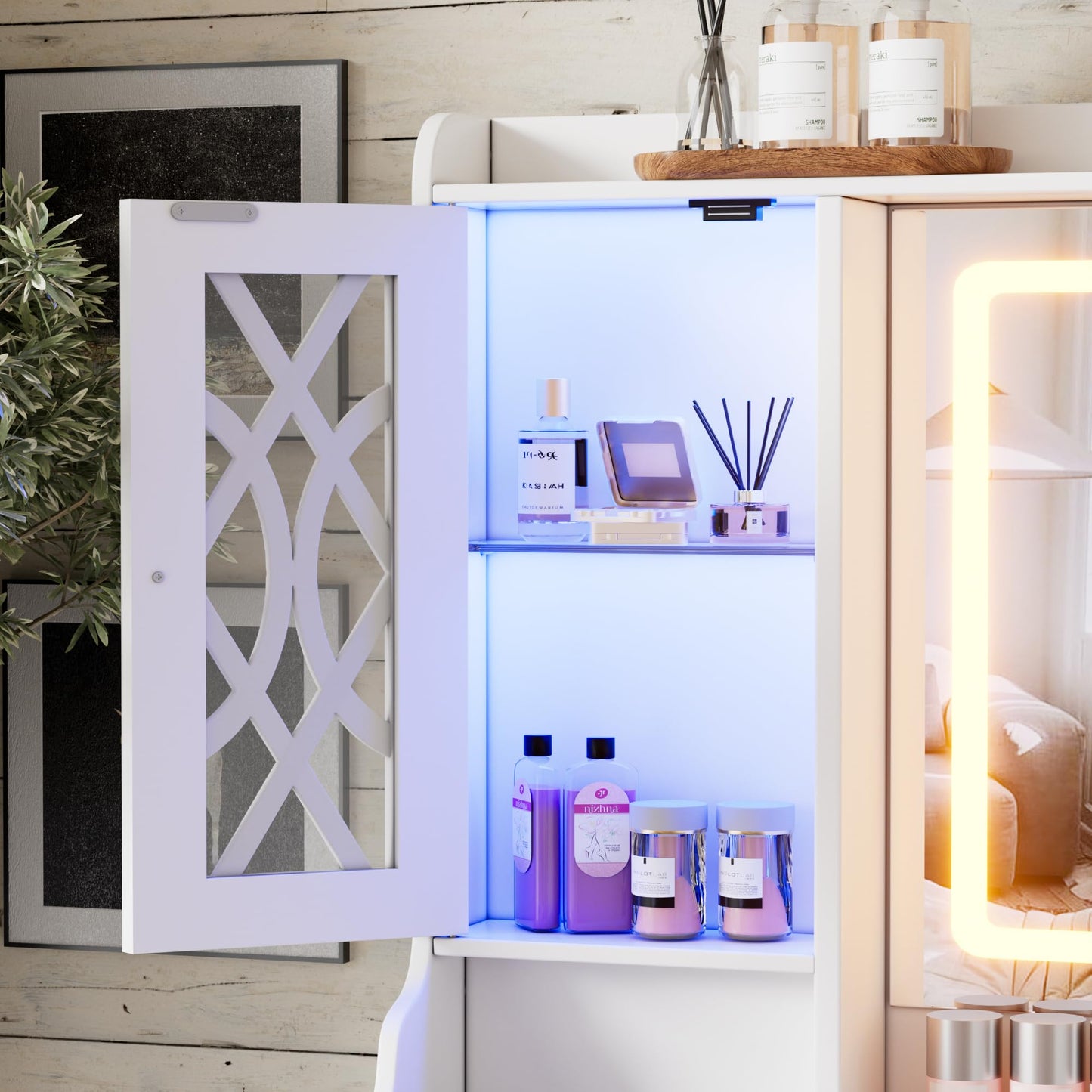 Vanity Desk with HD Lighted Mirror & Power Outlet, Farmhouse Makeup Vanity Table with 5 Storage Drawers & 2 Cabinets & Shelves, Large Glass Top Dressing Table with 3 Lighting Modes for Women,White