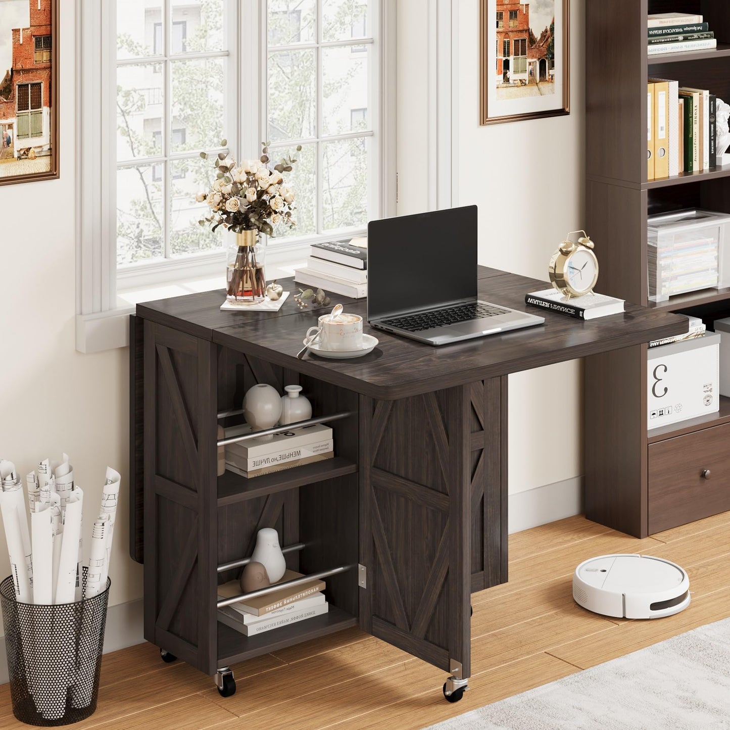 Jocoevol Space Saving Folding Dining Table, Farmhouse Foldable Dining Table with Drawer and 2-Layer Storage Shelf, 6 Wheels Multipose Expandable Kitchen Drop Leaf Table for Small Space (Dark Walnut)