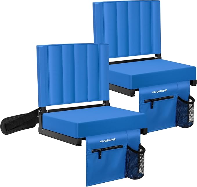 VIVOHOME 2 Pack Stadium Seats with Back Support and Cushion, Portable Bleacher Chair with Cup Holder and Shoulder Strap Blue